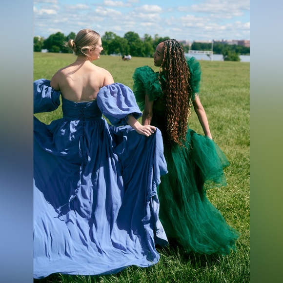 OFF SHOULDER TWO PIECE DETACHED CORSET BLUE PROM PHOTOSHOOT STRAPLESS SLIT DRESS - Picture 6 of 11